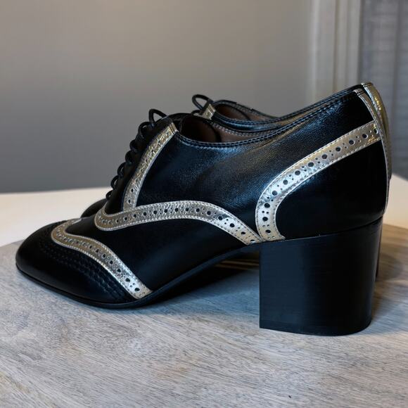 Laurence Dacade Black Leather Heeled Oxfords Gold Trim Women EU 38 US Sz 8 Italy - Picture 4 of 12